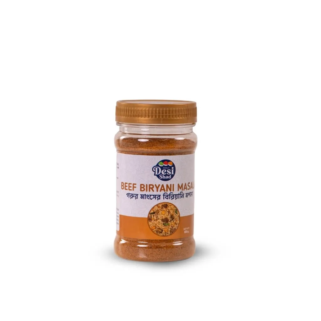 Jar of authentic Bangladeshi Beef Biryani masala blend with roasted whole spices for rich beef and aromatic rice dishes