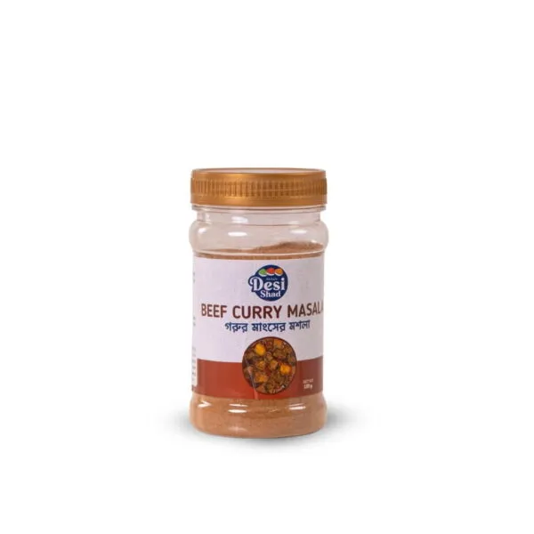 Jar of authentic Bangladeshi Beef Curry masala blend with roasted coriander, cumin, and whole aromatics for tender beef curry