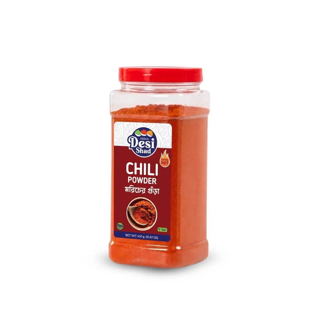 450g container of 100% pure extra hot Bangladeshi red chili powder from Bogra and Panchagarh