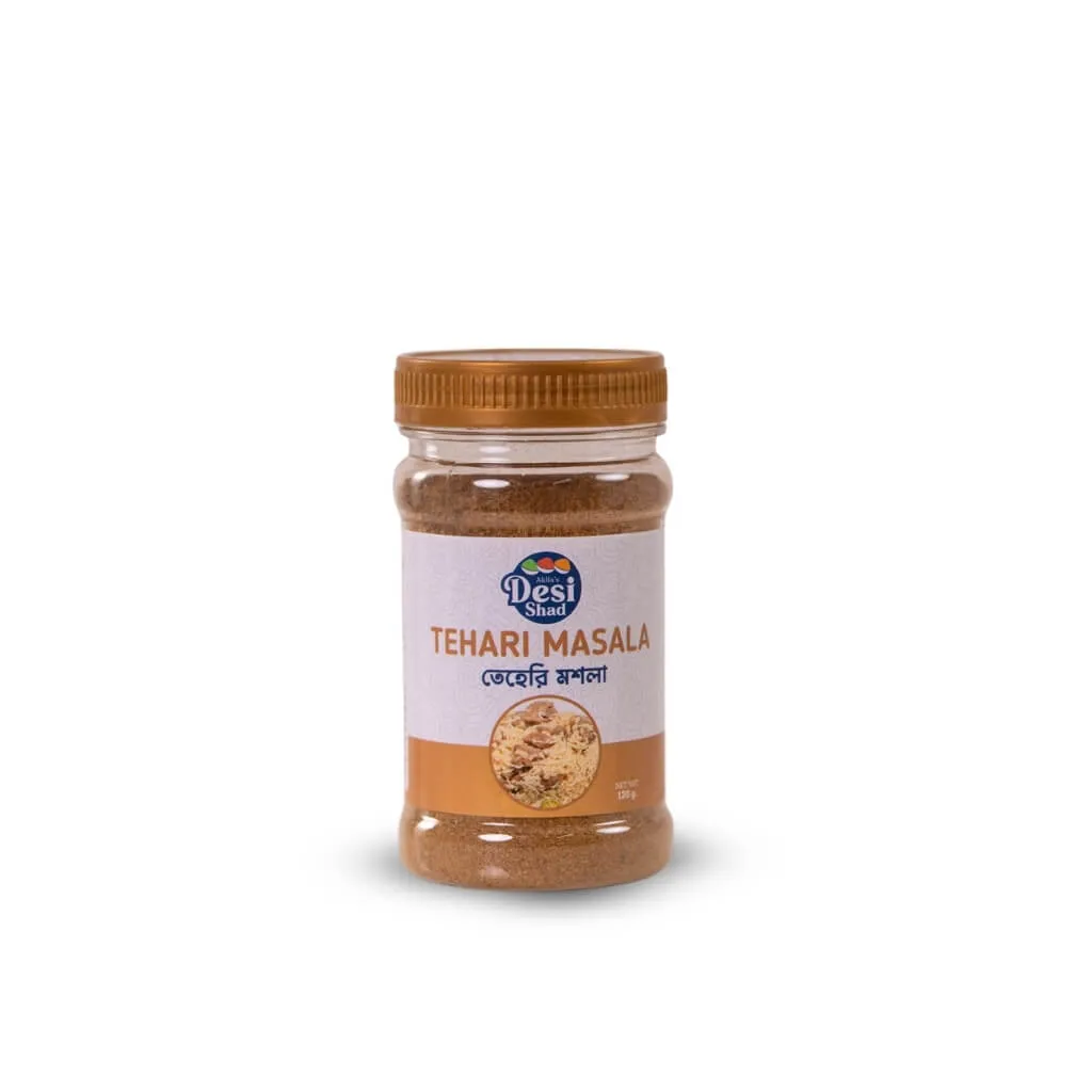 Jar of authentic Old Dhaka style Bangladeshi Tehari masala blend for mustard-oil beef and chinigura rice tehari