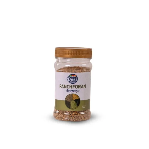 Jar of authentic whole Bangladeshi Panchforan five spice blend for dal and vegetable chorchori tempering