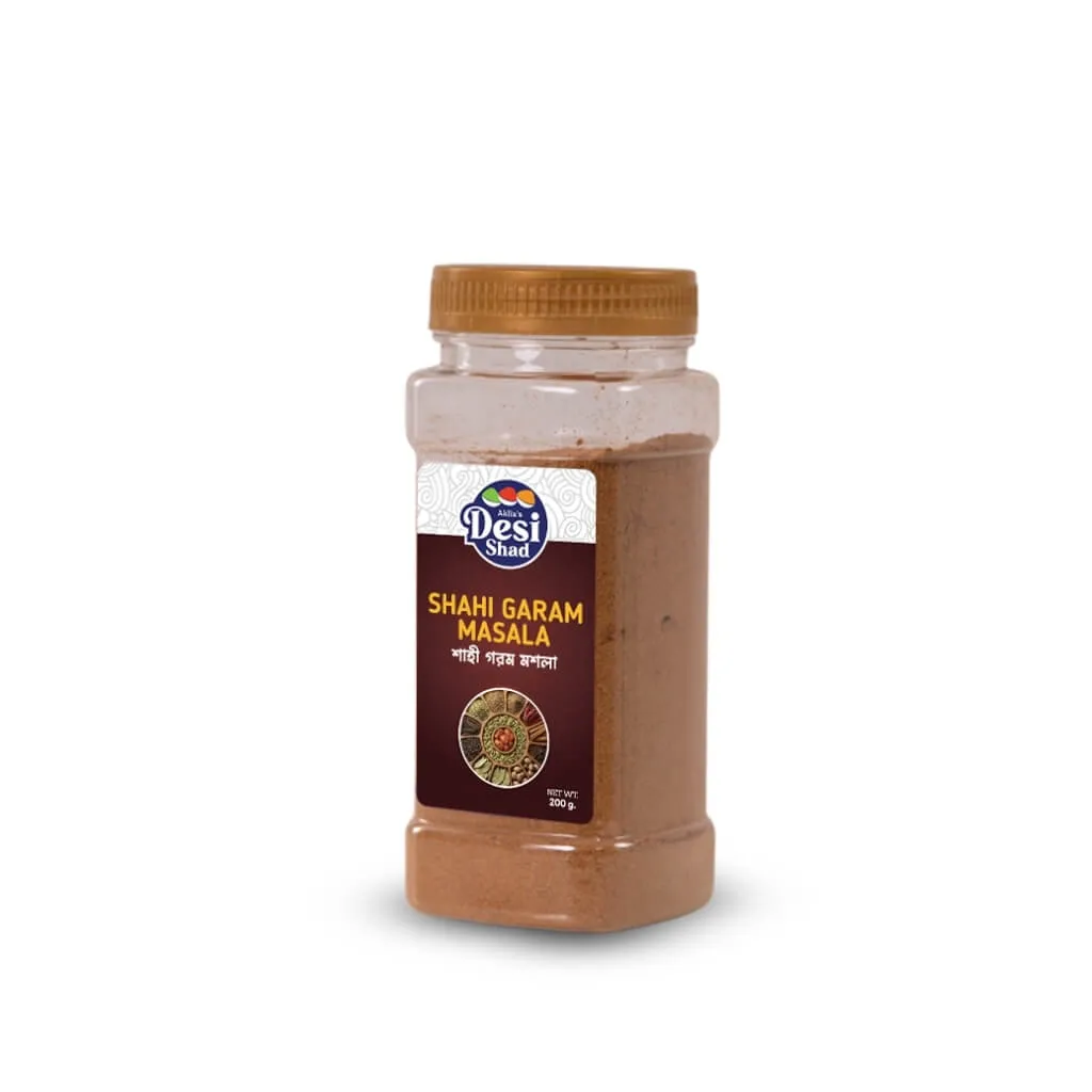 Jar of authentic Bangladeshi Shahi Garam Masala royal spice blend for kacchi biryani, roast, and korma