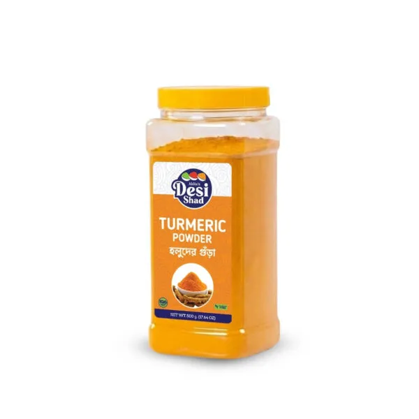 500g jar of pure peeled Bangladeshi turmeric powder sourced from Natore and Dinajpur