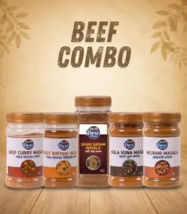 Desi Shad Bangladeshi Beef Spice Combo bundle featuring authentic Beef Curry, Kala Bhuna, and Beef Biryani masala jars
