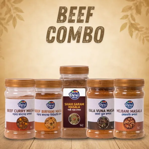 Desi Shad Bangladeshi Beef Spice Combo bundle featuring authentic Beef Curry, Kala Bhuna, and Beef Biryani masala jars