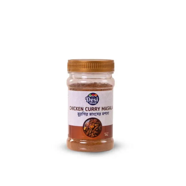 Jar of authentic Bangladeshi Chicken Curry masala blend with roasted coriander, cumin, turmeric, and warm aromatics for Bengali style chicken curry