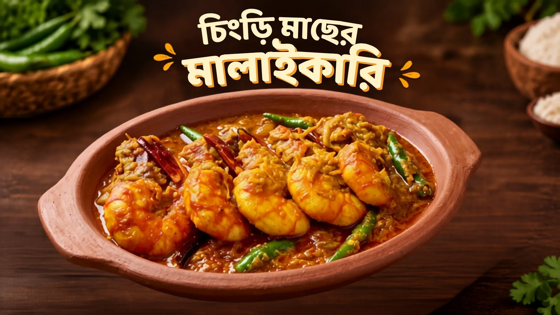নারকেলের ঘন দুধে রান্না করা সুস্বাদু চিংড়ি মাছের মালাইকারি এবং পাশে সাজানো Desi Shad খাঁটি মশলা