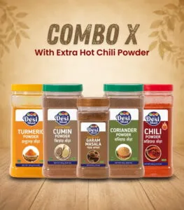 Desi Shad Combo X 5-item spice bundle featuring pure turmeric, chili, roasted cumin, coriander, and garam masala jars
