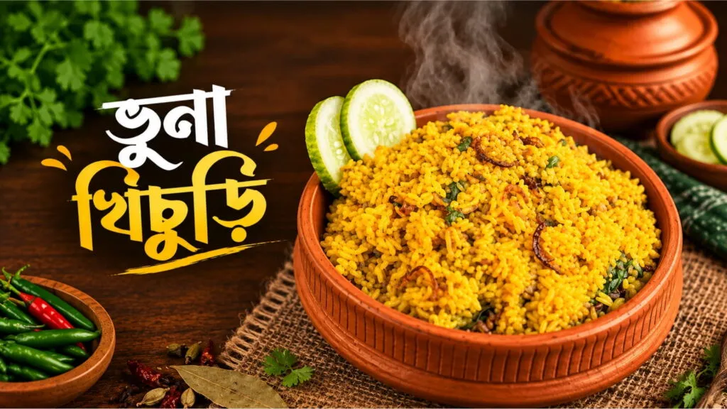 এক প্লেট ধোঁয়া ওঠা খাঁটি ঘরোয়া ভুনা খিচুড়ি এবং পাশে রাখা Desi Shad মশলার জার