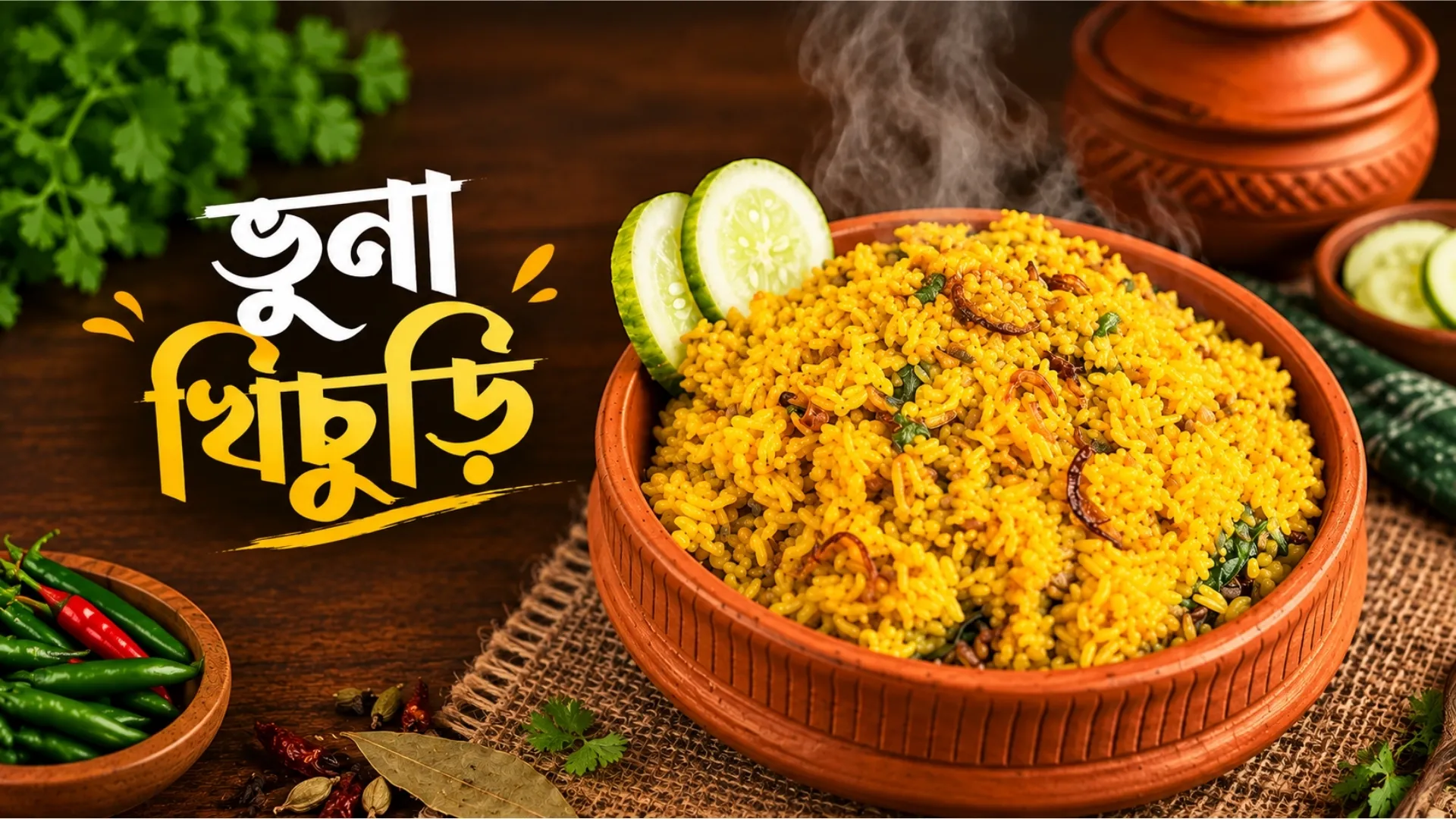 এক প্লেট ধোঁয়া ওঠা খাঁটি ঘরোয়া ভুনা খিচুড়ি এবং পাশে রাখা Desi Shad মশলার জার